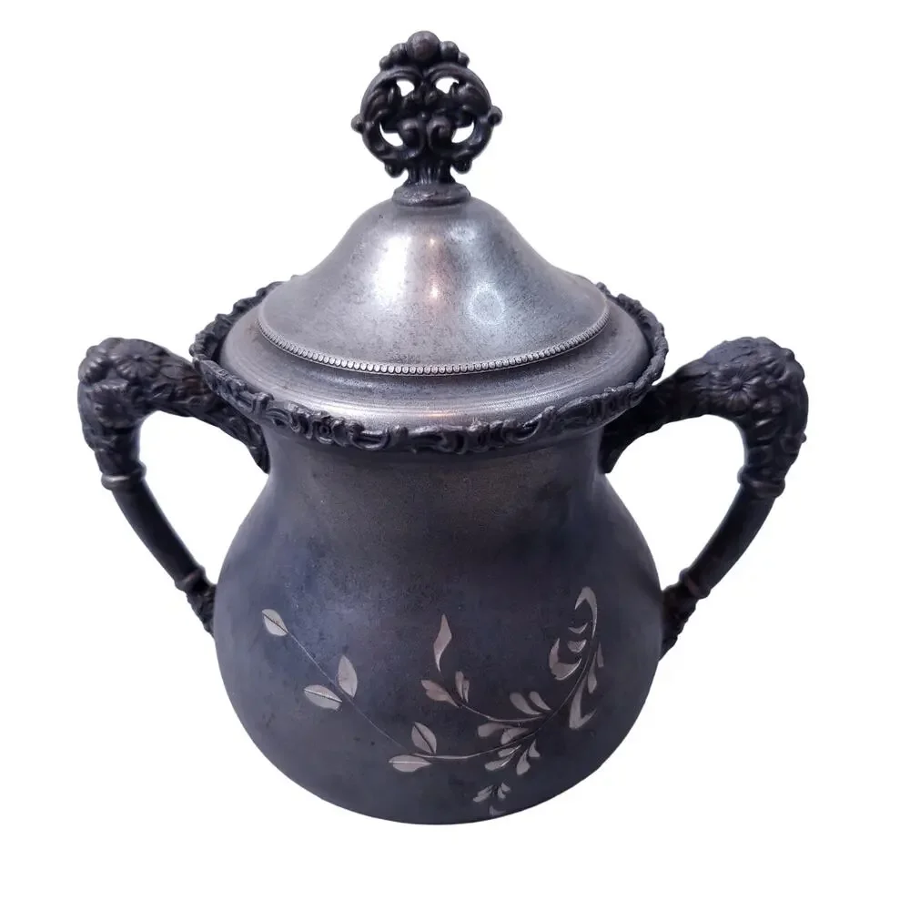 Antique Silverplate Etched Spooner Sugar Creamer 4pc Set Engraved Vintage Decor